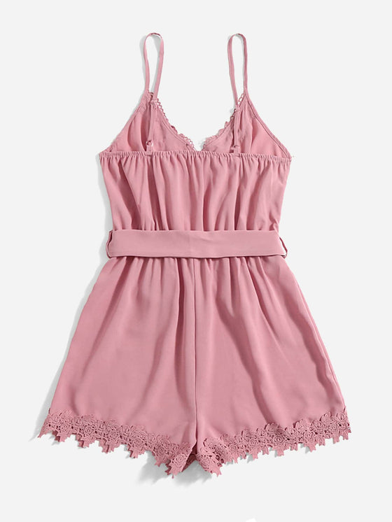 Contrast Lace Belted Cami Romper