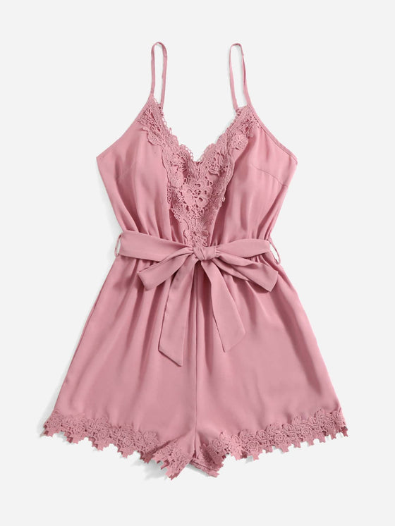 Contrast Lace Belted Cami Romper