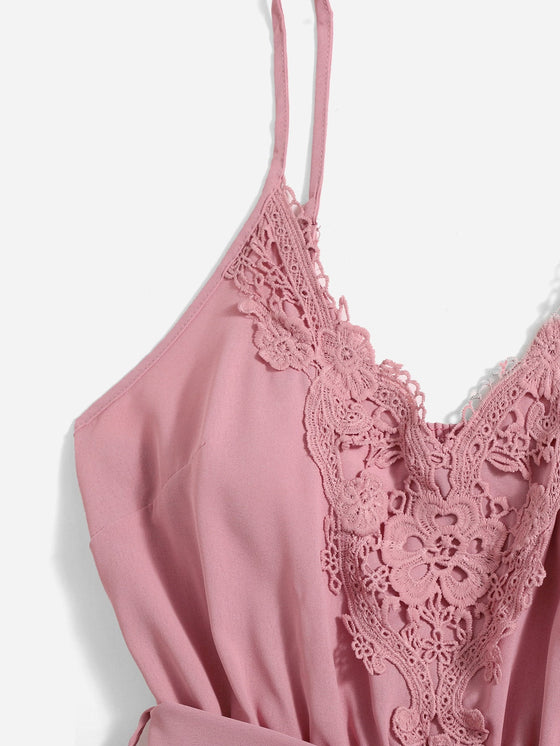 Contrast Lace Belted Cami Romper