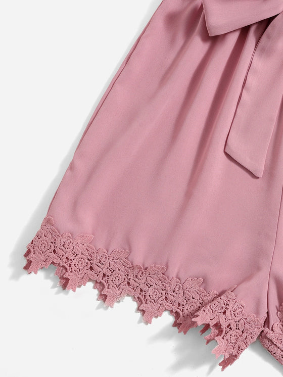 Contrast Lace Belted Cami Romper