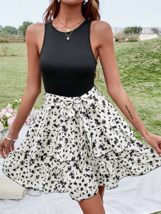Floral Colorblock Layered Hem Belted Tank Dress