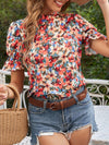 Allover Floral Print Flounce Sleeve Blouse