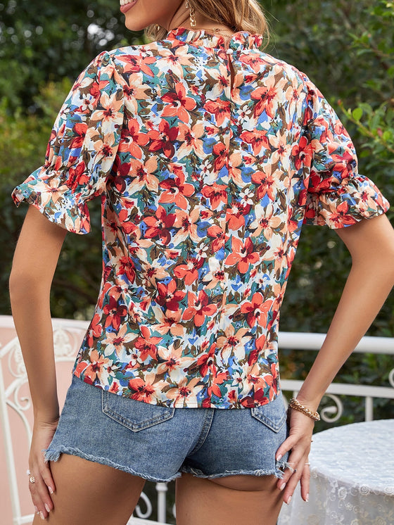 Allover Floral Print Flounce Sleeve Blouse