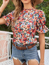 Allover Floral Print Flounce Sleeve Blouse