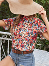 Allover Floral Print Flounce Sleeve Blouse