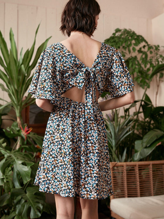 Ditsy Floral Print Tie Back Cutout A line Dress
