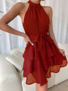 Textured Knit Belted Layered Hem Dress