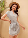 Notched Neck Self Belted Curved Hem Dress