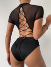 SXY Contrast Mesh Lace Up Back Bodysuit