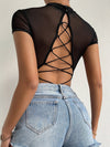 SXY Contrast Mesh Lace Up Back Bodysuit