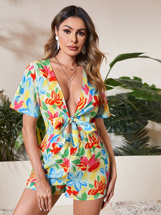 Tie Front Allover Floral Romper