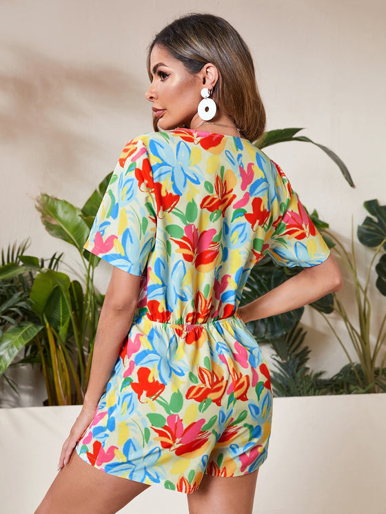 Tie Front Allover Floral Romper