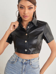  PETITE Solid PU Leather Crop Shirt