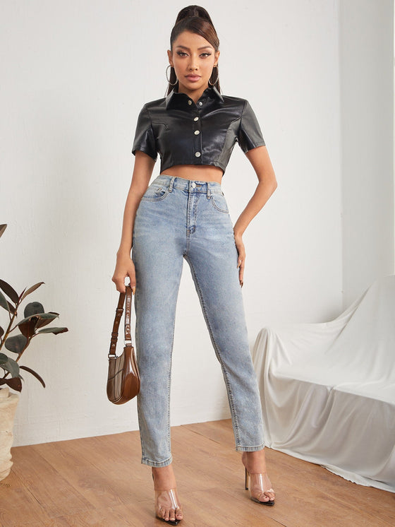 PETITE Solid PU Leather Crop Shirt