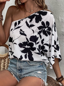  Floral Print One Shoulder Blouse