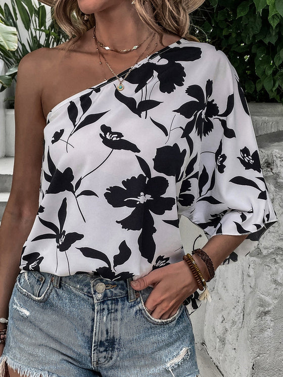 Floral Print One Shoulder Blouse