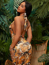 SXY Tie Backless Butterfly Print Halter Dress