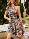 Brush Print Halter Neck Ruffle Hem Belted Dress
