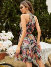 Brush Print Halter Neck Ruffle Hem Belted Dress