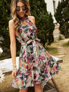 Brush Print Halter Neck Ruffle Hem Belted Dress