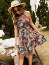 Brush Print Halter Neck Ruffle Hem Belted Dress
