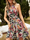 Brush Print Halter Neck Ruffle Hem Belted Dress