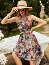 Brush Print Halter Neck Ruffle Hem Belted Dress