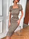 Ditsy Floral Puff Sleeve Shirred Bodycon Dress