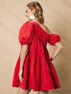 Asymmetrical Neck Puff Sleeve Ruffle Hem Smock Dress