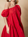 Asymmetrical Neck Puff Sleeve Ruffle Hem Smock Dress