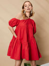 Asymmetrical Neck Puff Sleeve Ruffle Hem Smock Dress