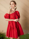 Asymmetrical Neck Puff Sleeve Ruffle Hem Smock Dress