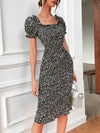 Ditsy Floral Puff Sleeve Shirred Bodycon Dress