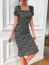 Ditsy Floral Puff Sleeve Shirred Bodycon Dress