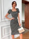 Ditsy Floral Puff Sleeve Shirred Bodycon Dress