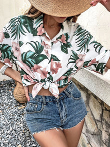  Tropical Print Drop Shoulder Button Front Shirt