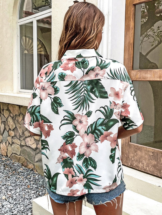 Tropical Print Drop Shoulder Button Front Shirt