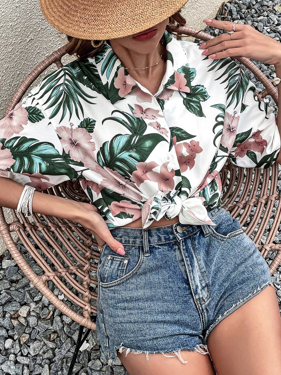 Tropical Print Drop Shoulder Button Front Shirt