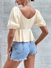 Sweetheart Neck Puff Sleeve Tie Front Peplum Hem Blouse