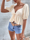 Sweetheart Neck Puff Sleeve Tie Front Peplum Hem Blouse