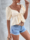 Sweetheart Neck Puff Sleeve Tie Front Peplum Hem Blouse
