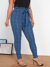 Plus Plaid Print Paperbag Waist Knot Front Skinny Pants