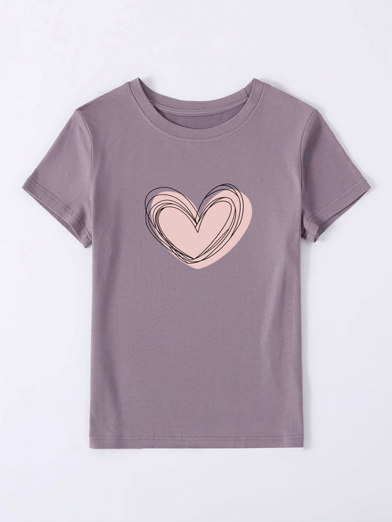 Heart Print Round Neck Tee