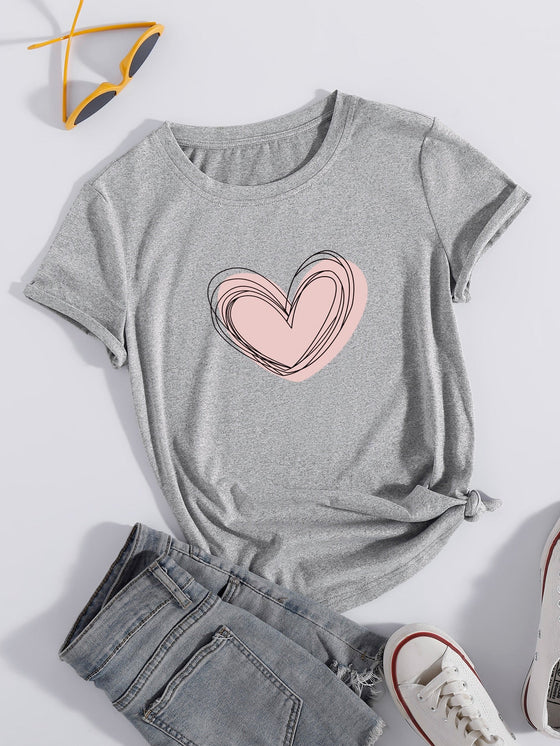 Heart Print Round Neck Tee