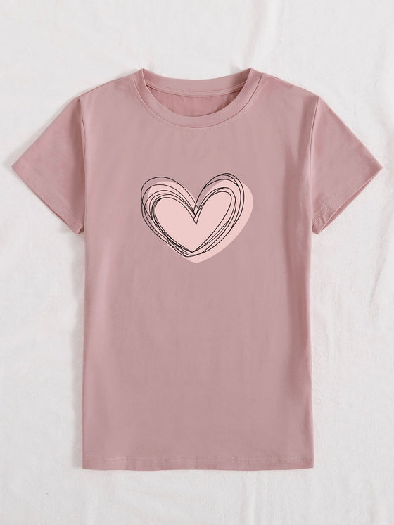 Heart Print Round Neck Tee