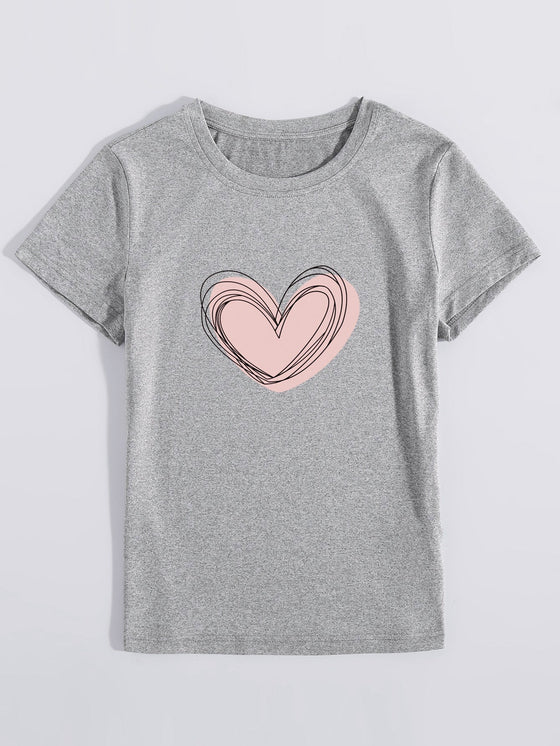 Heart Print Round Neck Tee