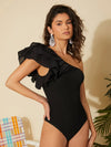 One Shoulder Ruffle Trim Bodysuit