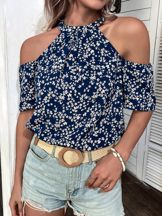 Ditsy Floral Print Cold Shoulder Blouse
