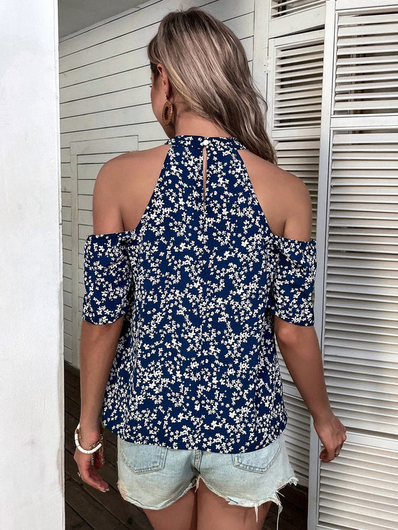 Ditsy Floral Print Cold Shoulder Blouse