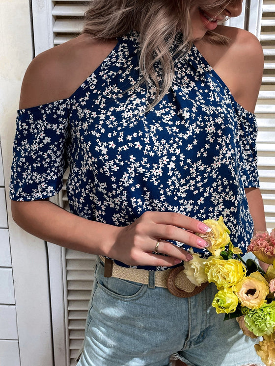 Ditsy Floral Print Cold Shoulder Blouse